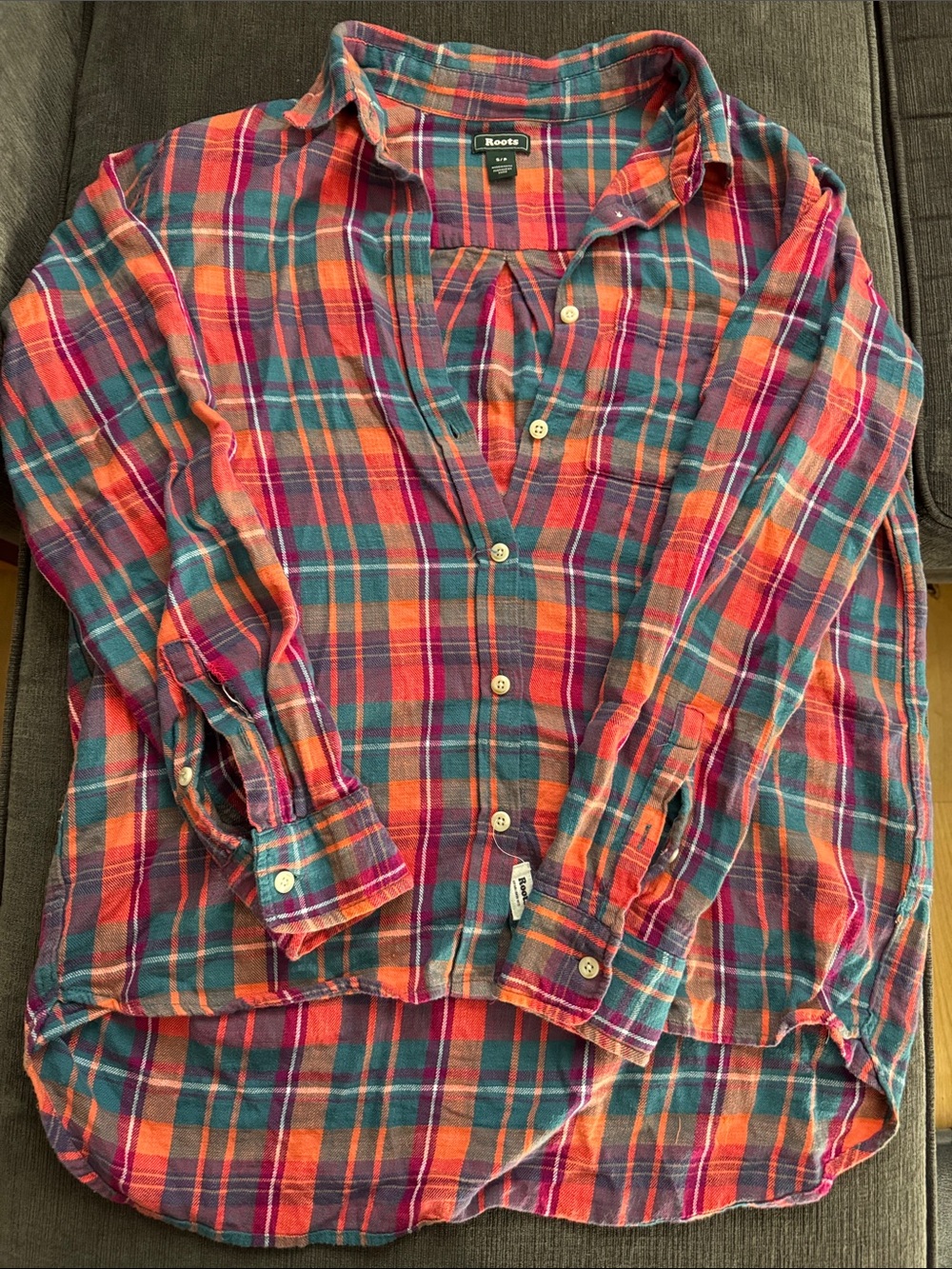 Women’s Roots Plaid Button-Down Shirt in Red, Green and Orange